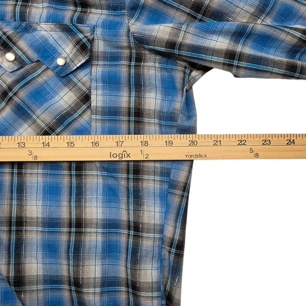 Wrangler Mens Western Snap Shirt Blue Plaid Metallic Thread Long Sleeve Medium